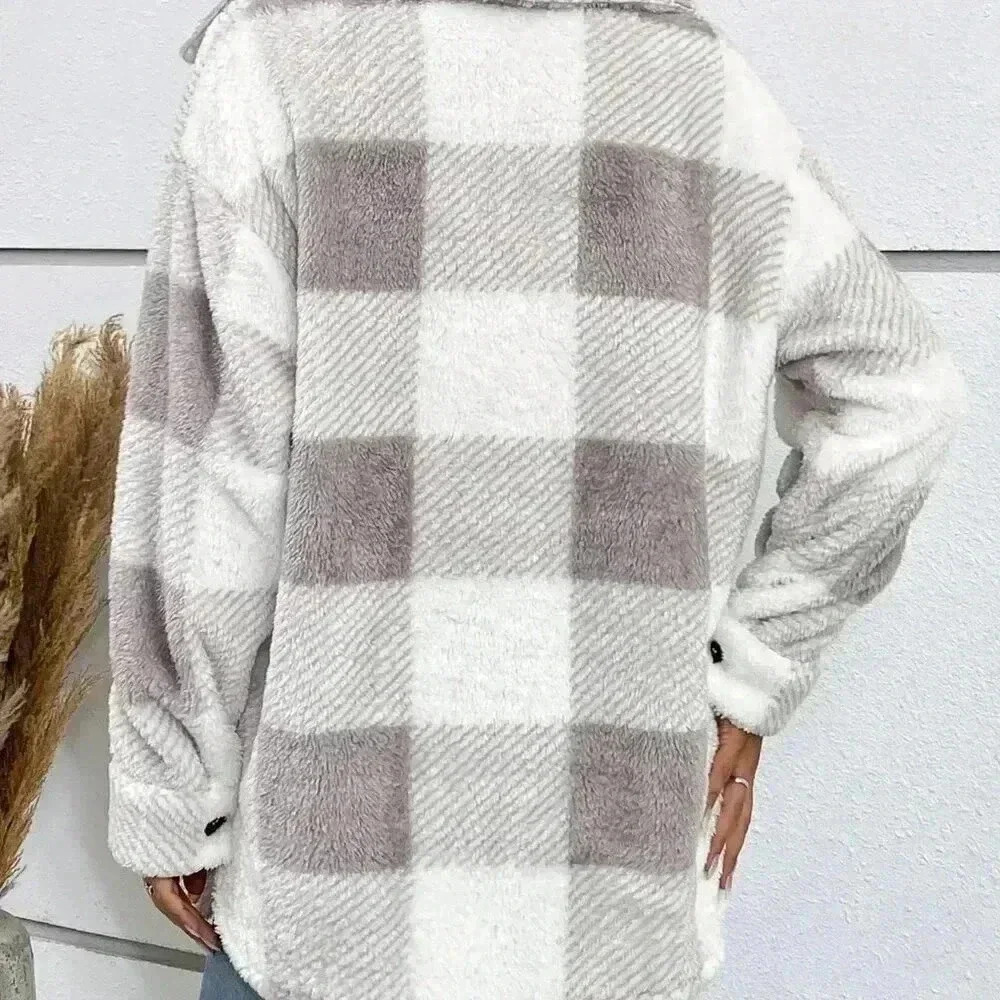 Light Grey Casual Women's Buffalo Plaid Print Drop Shoulder Flap Pocket Coat - Picture 2 of 5